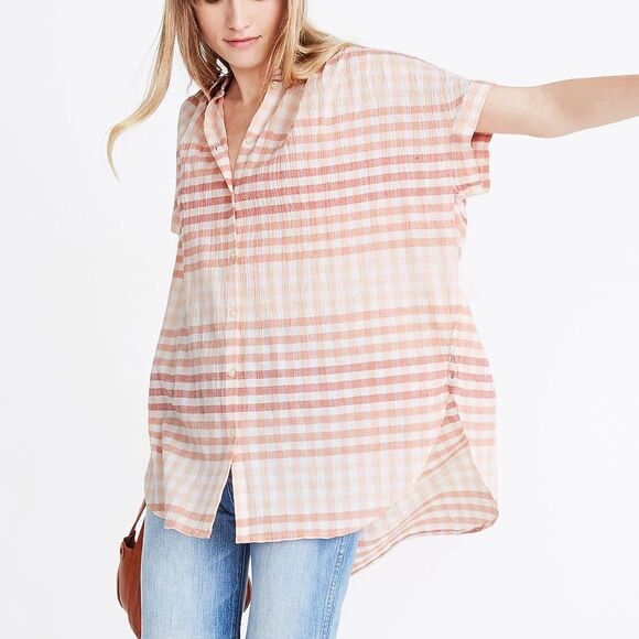 Madewell Pink Coral Central Tunic Shirt in Ombré Gingham Check Button down XS - Picture 3 of 16
